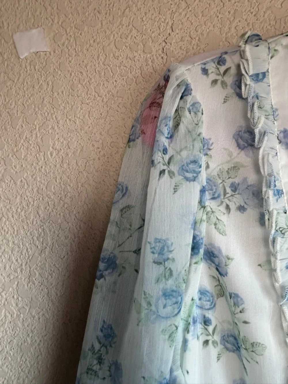 Rachel Parcell White Blue Floral Ruffle Sheer Long Sleeve Mini Dress M